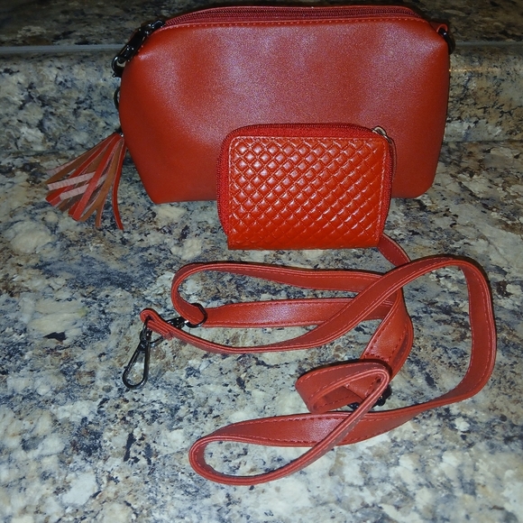 Elegant Red Women's Bag Purse Set With Wallet - Picture 4 of 4